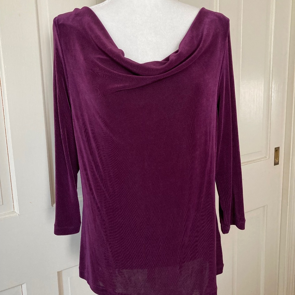PLUM colored Cowl Neck 3/4 Sleeve Travel Knit Top Size L